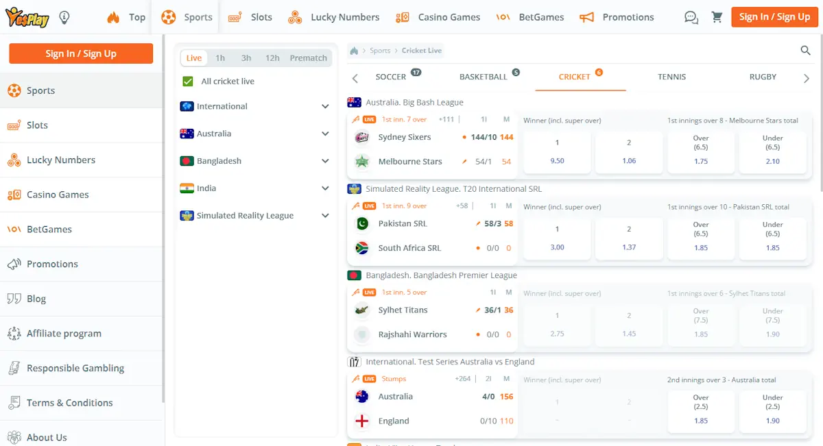 YesPlay Cricket  Betting Screenshot